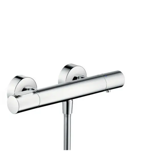 Thermostatarmatur in Chrom-Finish von AXOR, mit runden Bedienelementen und einem schlanken, geraden Design, geeignet für die Wandmontage.